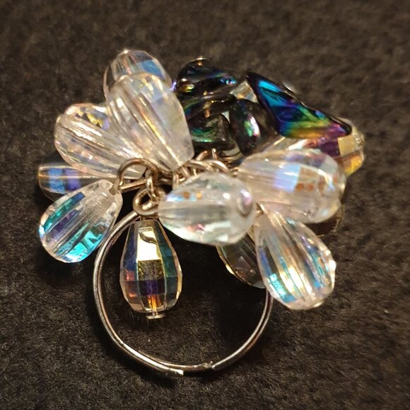 One of A Kind Vintage 1960s Aurora Borealis Glass Cluster Flower Adjustable Ring - Picture 1 of 15